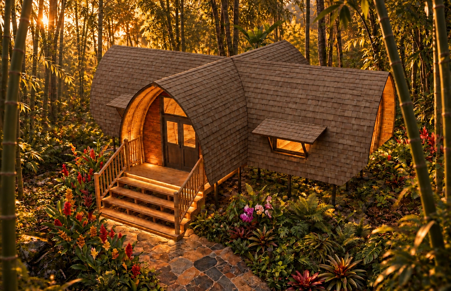 Perspectiva exterior de Bambú-Villa con techo Cedro
