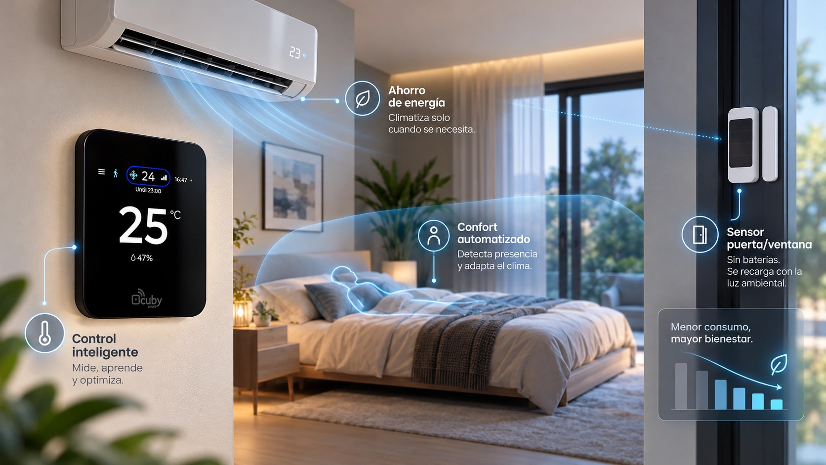 Kit de ahorro de energía con control inteligente de climatización, sensor de presencia y sensor de puerta o ventana