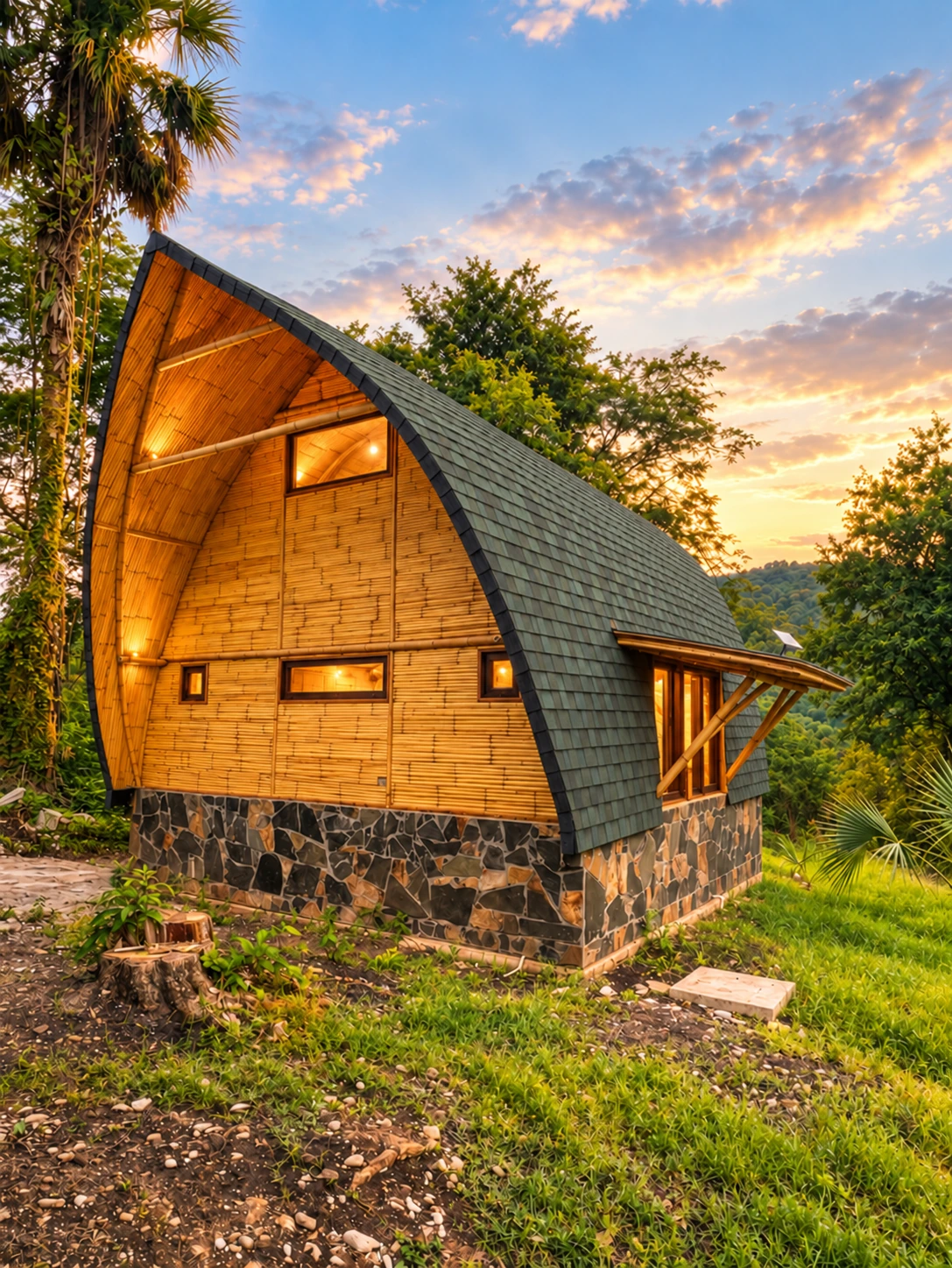 Fachada trasera de Bambú-Haus · Amazon Green