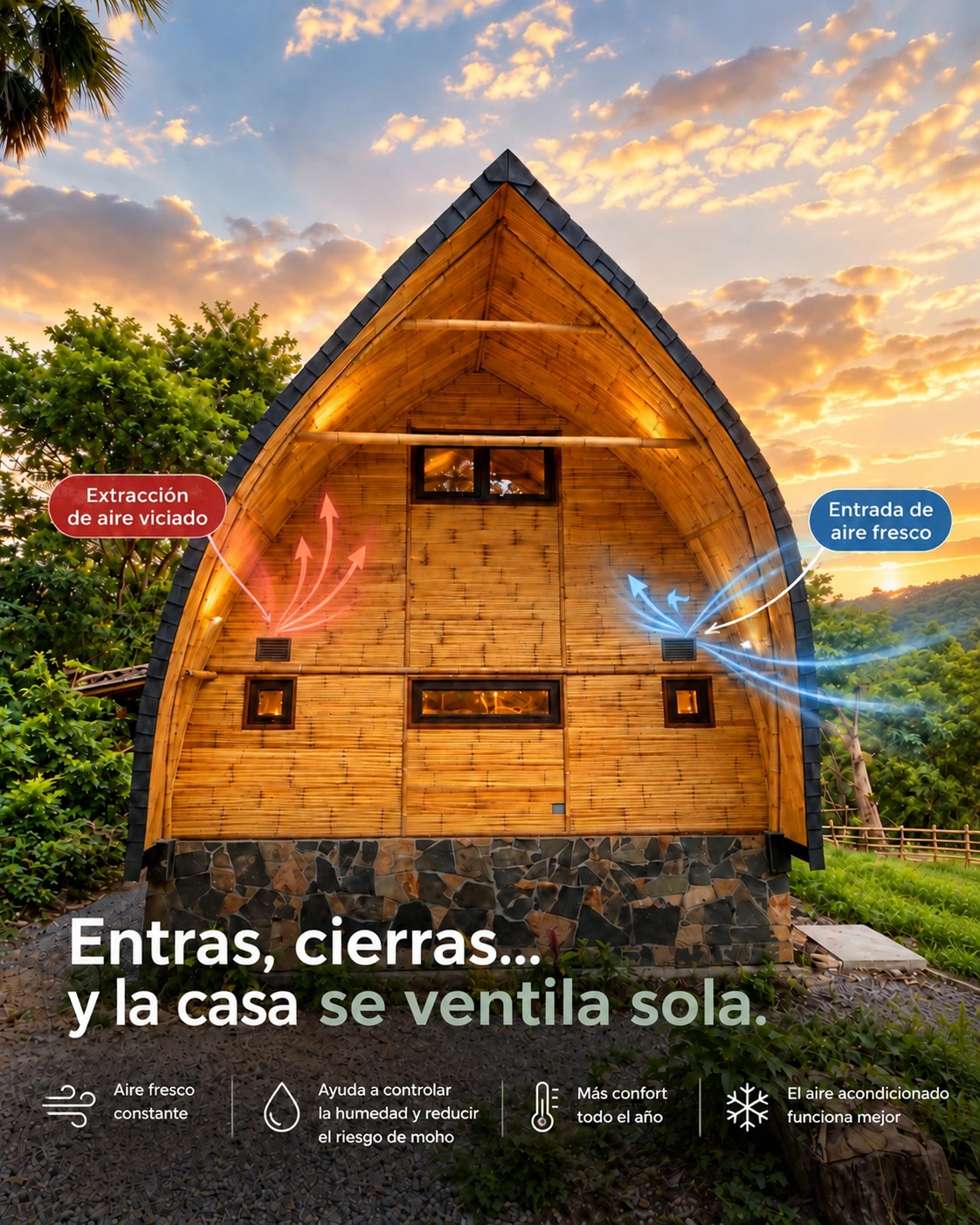 Fachada con esquema conceptual de entrada de aire fresco y extracción de aire viciado